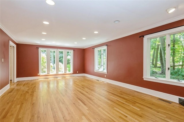 spare room featuring ornamental molding, light hardwood / wood-style flooring, and a healthy amount of sunlight