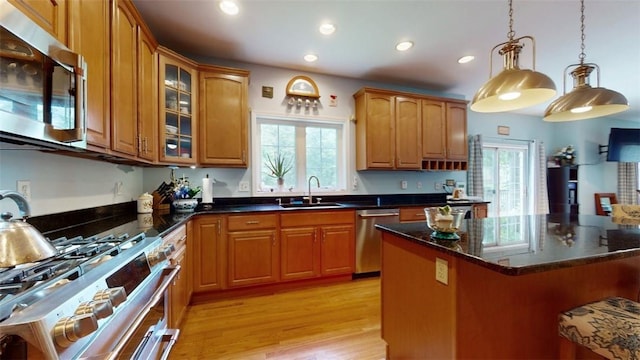 kitchen featuring a healthy amount of sunlight, light hardwood / wood-style flooring, stainless steel appliances, and sink