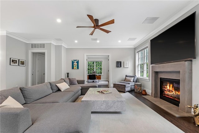 living room with crown molding, dark wood-type flooring, ceiling fan, and a healthy amount of sunlight