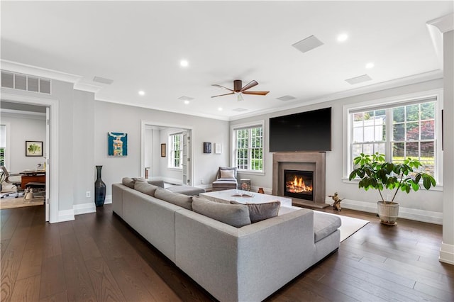 living room with dark hardwood / wood-style flooring, crown molding, and plenty of natural light