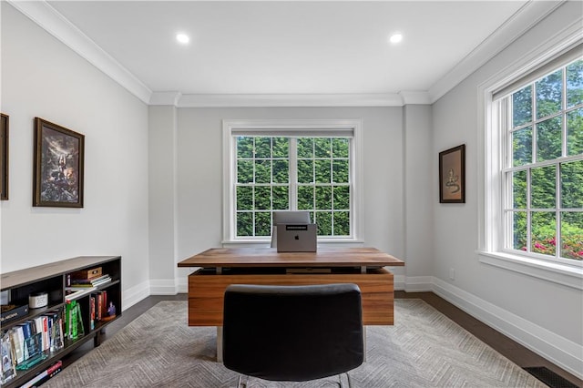 office featuring wood-type flooring, plenty of natural light, and crown molding