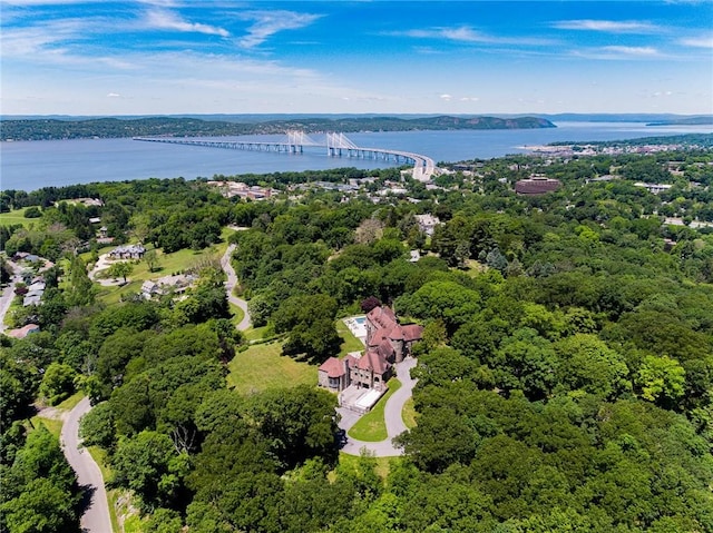 drone / aerial view featuring a water view