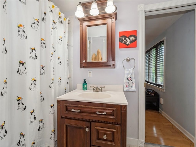 bathroom with hardwood / wood-style floors and vanity