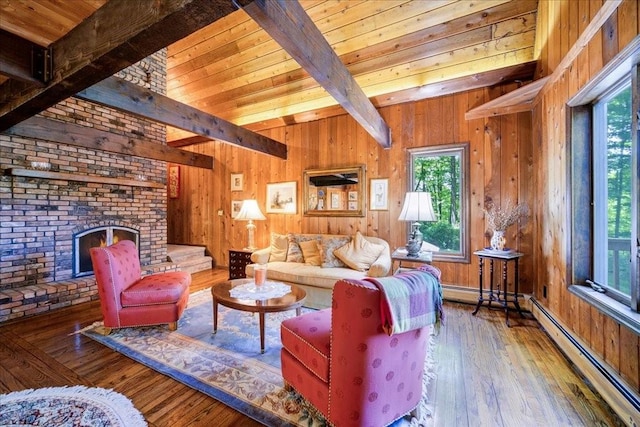 living room with hardwood / wood-style floors, a wealth of natural light, and wood walls