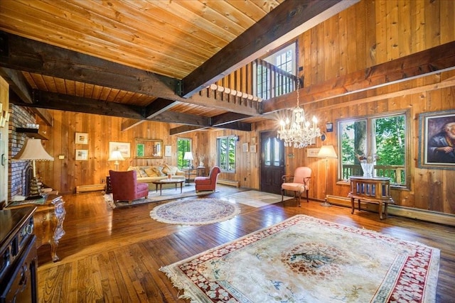 living room with beamed ceiling, hardwood / wood-style floors, and wooden walls