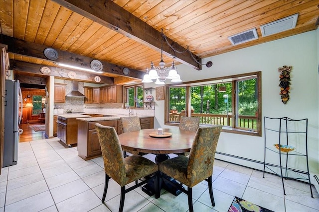 dining room with beamed ceiling, light tile patterned floors, wood ceiling, and a chandelier