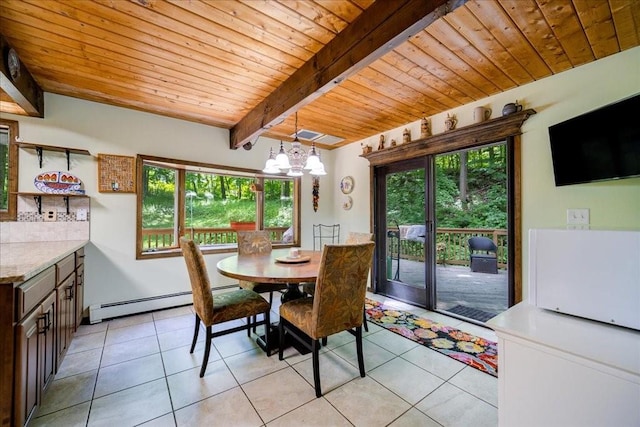 tiled dining space featuring wood ceiling, beamed ceiling, a healthy amount of sunlight, and a baseboard radiator