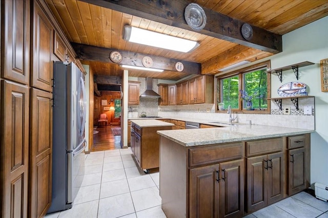 kitchen featuring wall chimney exhaust hood, wooden ceiling, stainless steel appliances, kitchen peninsula, and light tile patterned flooring