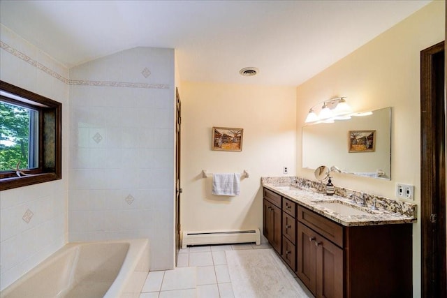 bathroom with tile patterned flooring, vanity, a bath, and a baseboard radiator