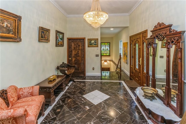 hallway featuring an inviting chandelier and ornamental molding