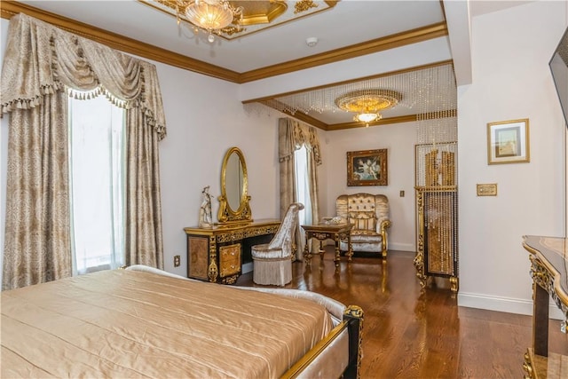 bedroom with dark hardwood / wood-style floors and ornamental molding