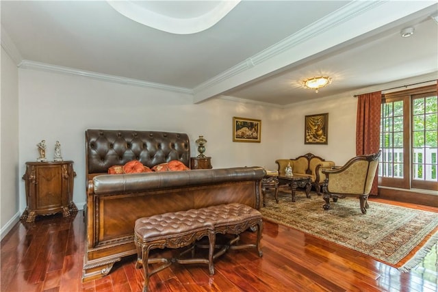 bedroom featuring wood-type flooring and crown molding