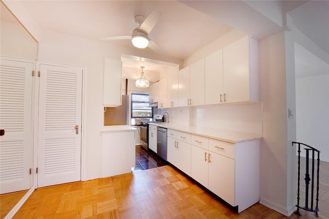 kitchen featuring ceiling fan, stainless steel appliances, dark parquet floors, decorative light fixtures, and white cabinets