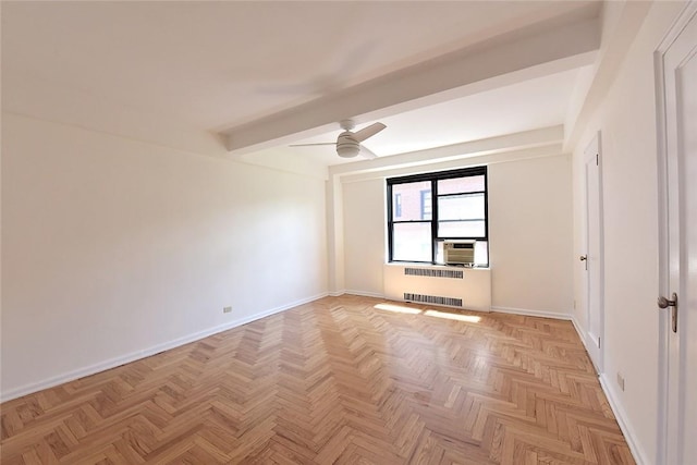 empty room with beamed ceiling, light parquet floors, radiator, and ceiling fan