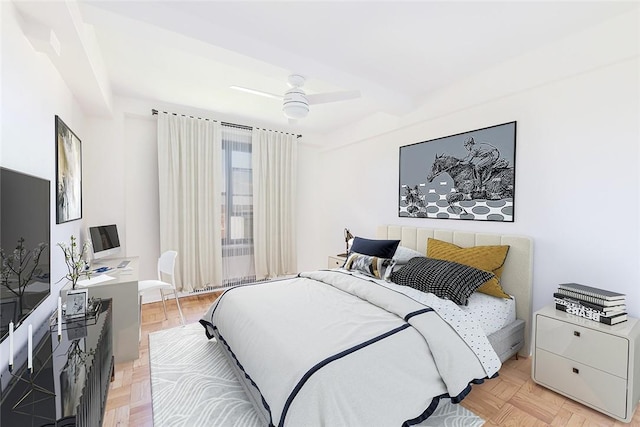 bedroom featuring light parquet flooring and ceiling fan