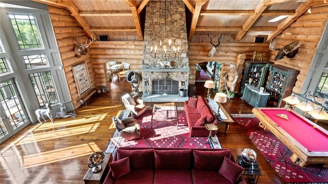 living room with a fireplace, wood ceiling, dark wood-type flooring, and log walls