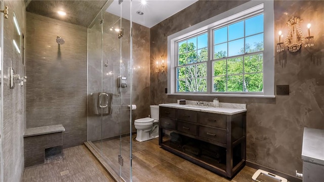 bathroom featuring a shower with door, vanity, tile walls, and toilet