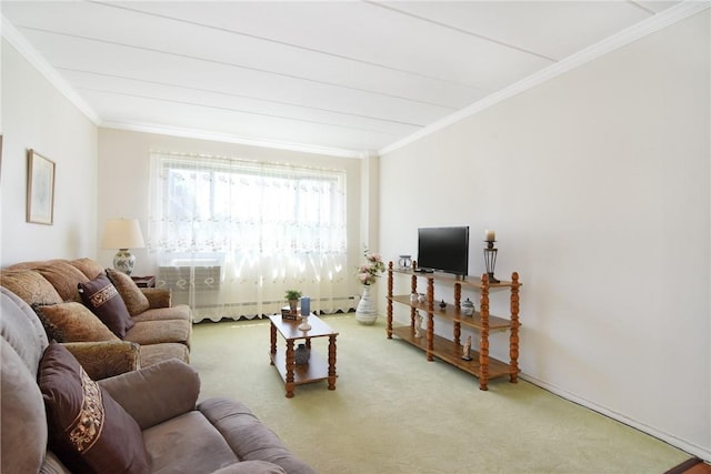 living room with crown molding and carpet