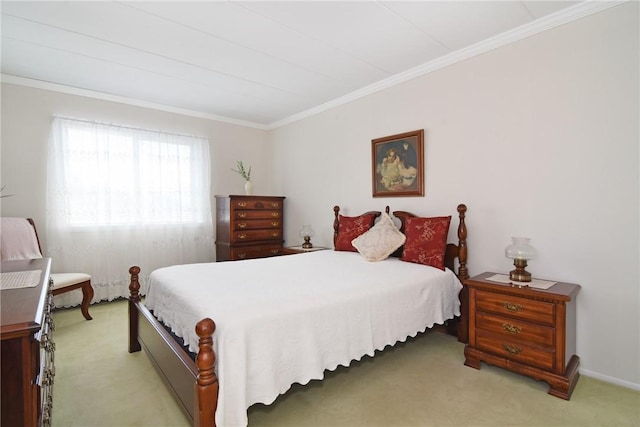 bedroom with light carpet and ornamental molding