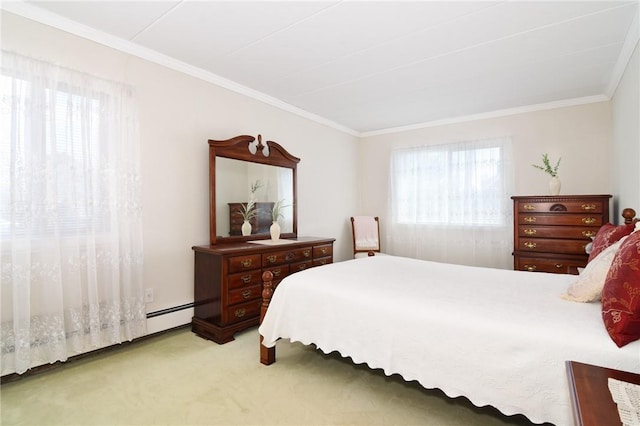 carpeted bedroom featuring a baseboard radiator and ornamental molding