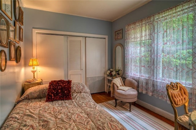 bedroom featuring hardwood / wood-style floors and a closet