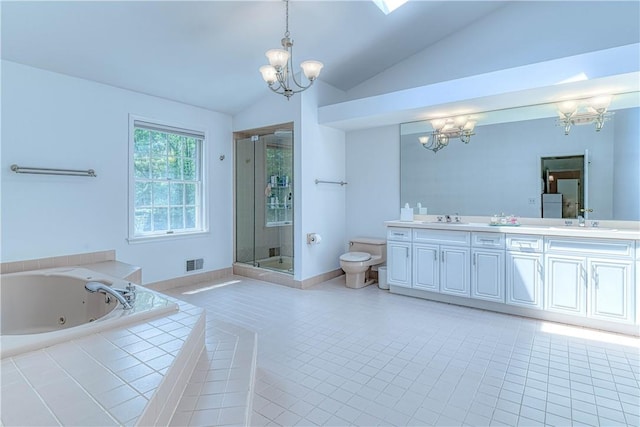 full bathroom with toilet, vanity, separate shower and tub, and tile patterned flooring