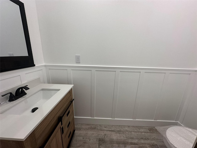 bathroom with wood finished floors, toilet, vanity, a decorative wall, and wainscoting