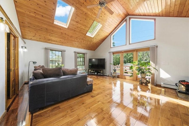 living room featuring a skylight, ceiling fan, high vaulted ceiling, light hardwood / wood-style floors, and wood ceiling