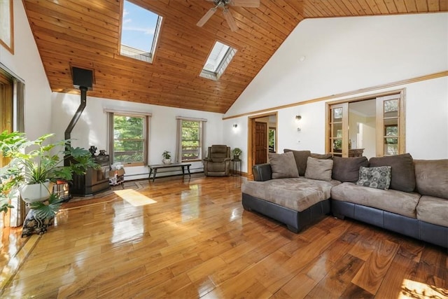 living room with a skylight, ceiling fan, high vaulted ceiling, light hardwood / wood-style floors, and wood ceiling