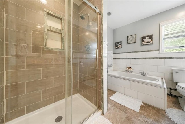 bathroom featuring toilet, tile walls, and shower with separate bathtub