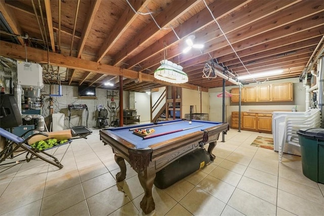 playroom with washer / dryer, light tile patterned flooring, and billiards