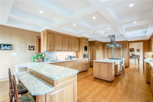 kitchen featuring light stone counters, island exhaust hood, a center island, and appliances with stainless steel finishes