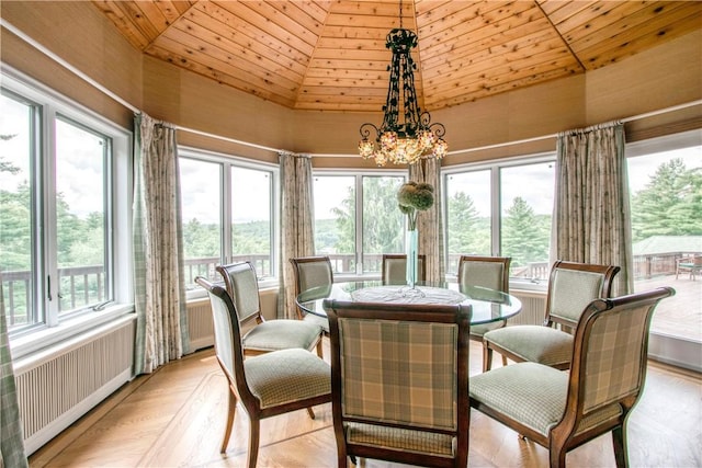 sunroom / solarium with lofted ceiling, radiator heating unit, wooden ceiling, and a chandelier