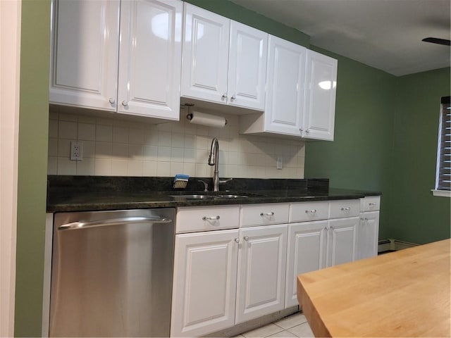 kitchen with dishwasher, white cabinetry, a baseboard heating unit, and sink