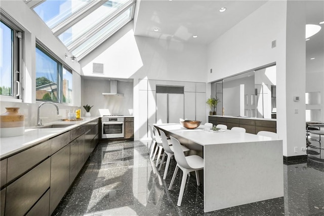 kitchen with wall chimney range hood, a high ceiling, a skylight, and stainless steel oven