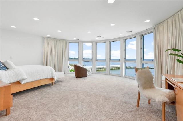 carpeted bedroom with access to exterior, a water view, and multiple windows