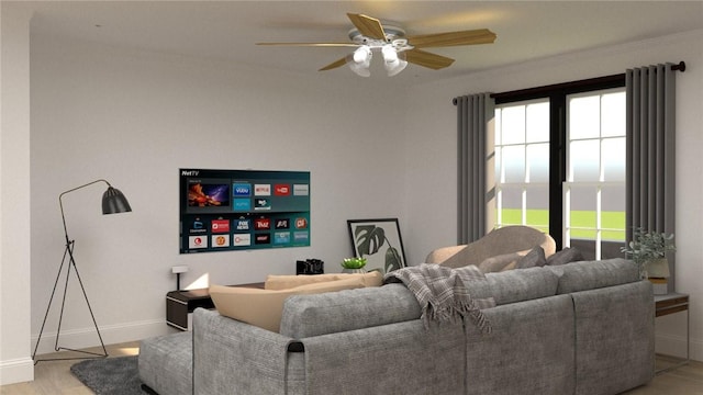 living room featuring ceiling fan and light wood-type flooring