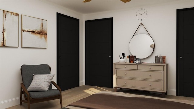 bedroom with light wood-type flooring, ceiling fan, and crown molding