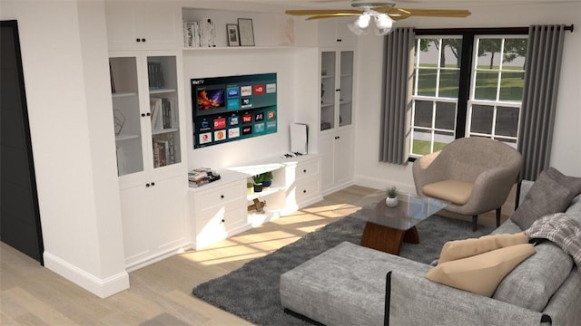 living room featuring light wood-type flooring and ceiling fan