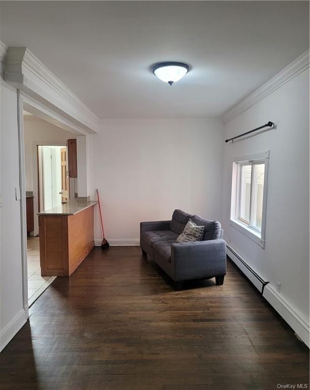 sitting room featuring a baseboard heating unit, dark hardwood / wood-style floors, and crown molding