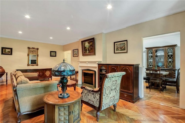 interior space with crown molding and light parquet flooring