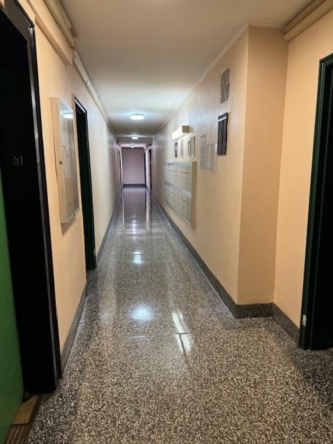 hallway featuring crown molding and a mail area