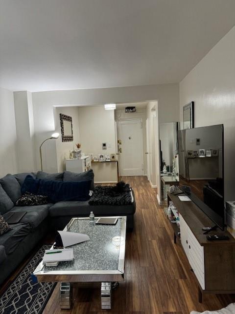 living room with dark hardwood / wood-style flooring