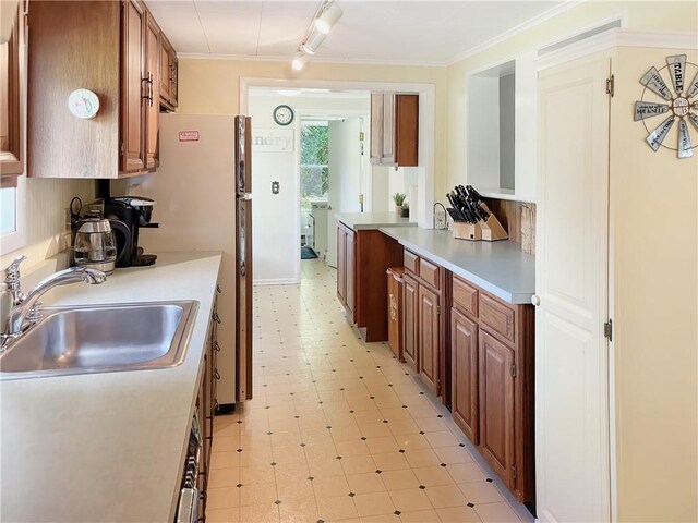 kitchen with sink, rail lighting, and ornamental molding