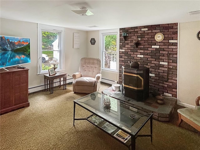 carpeted living room with baseboard heating and a wood stove