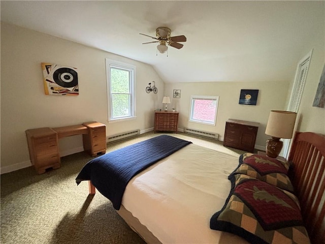 bedroom featuring multiple windows, a baseboard radiator, ceiling fan, and lofted ceiling