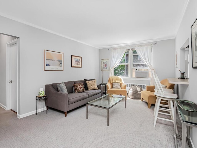 carpeted living room featuring radiator heating unit and cooling unit