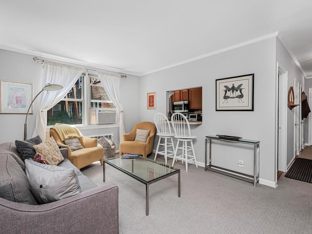 carpeted living room featuring cooling unit and ornamental molding