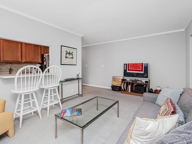 carpeted living room featuring ornamental molding