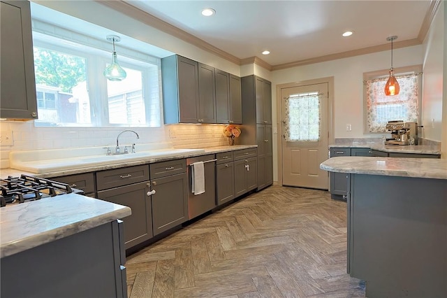 kitchen with dishwasher, gray cabinets, decorative backsplash, and light parquet floors